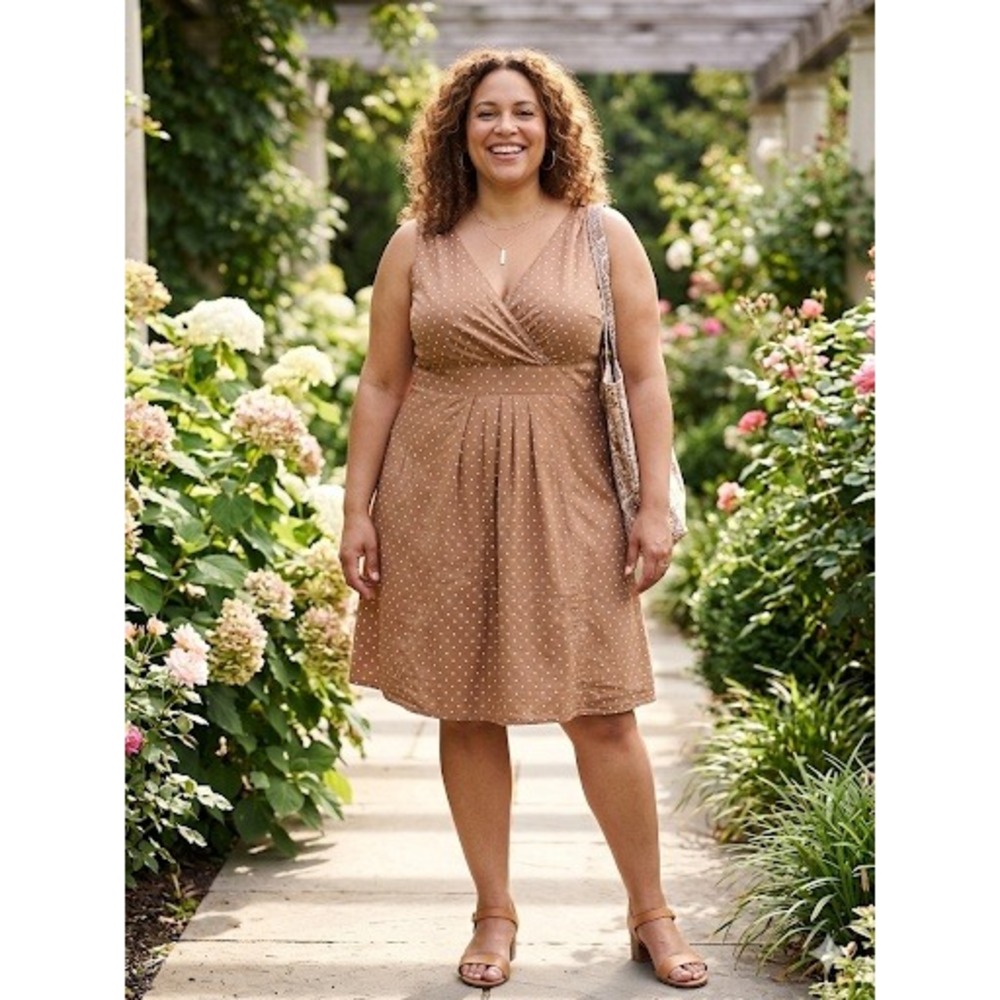 Lands' End Brown White Polka Dot Sleeveless V-Neck‎ Cotton Dress Womens 14